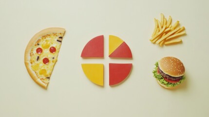 Poster - Bright abstract representations of food items including burgers, pizza slices, and fries arranged neatly on a light surface. Generative AI