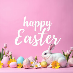 Wall Mural - happy easter banner with a cute white bunny, eggs and flowers on a pink background. square compositi