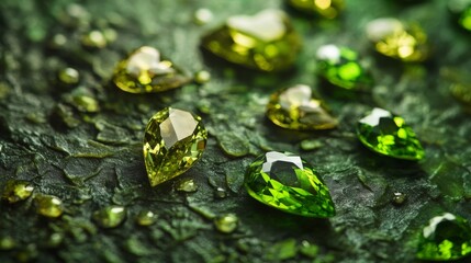 Poster - A collection of various gemstones is showcased on a textured green surface. The gems are in shades of green and yellow, reflecting light and creating an enchanting visual experience.