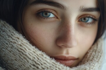 Poster - Close-up portrait of a young woman with striking eyes wrapped in a cozy scarf during winter morning light