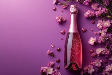 Poster - Celebration decor with sparkling beverage and flowers on a purple background