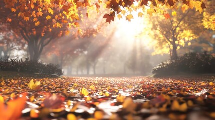 Poster - A peaceful autumn landscape with fallen leaves scattered across the ground and soft sunlight filtering through trees.