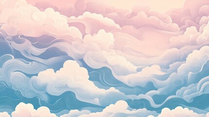 Poster - Dreamy pastel cloudscape, soft, flowing texture, pink, blue, white hues.