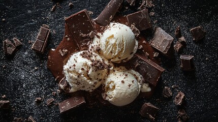 Poster - Rich chocolate ice cream scoops sit atop melted chocolate, surrounded by dark chocolate pieces. The dim lighting casts a dramatic vibe, enhancing the dessert's allure