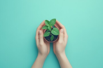 Poster - A pair of hands carefully holds a small seedling in a terracotta pot against a calming aqua background, representing care and growth. Generative AI