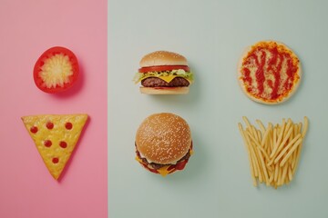 Poster - Abstract silhouettes showcase a burger, pizza, fries, and vegetable slices on serene pastel backgrounds for a playful food display. Generative AI