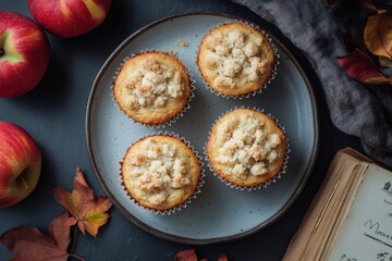 Wall Mural - Delicious apple crumble muffins sitting on a plate with autumn decorations