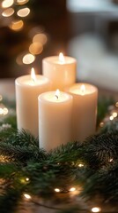 Wall Mural - Elegantly arranged candles surrounded by festive greenery and soft lights for a warm winter ambiance