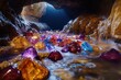 © Isuru - A mesmerizing subterranean stream flows through a dark cave, adorned with vibrant, colorful gemstones.