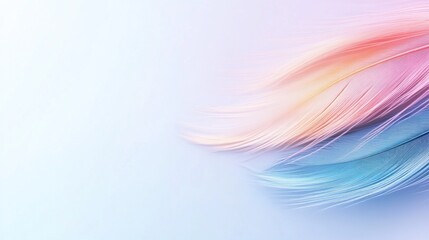 Poster - A soft pastel-colored feather displays shades of pink, blue, and yellow, gracefully draped against a serene light background, showcasing its intricate details and elegance