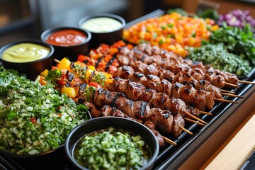 Wall Mural - Delicious grilled meat and vegetable skewers with various sauces and salads