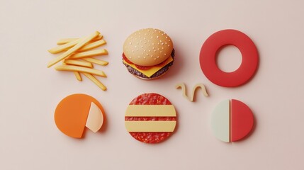 Poster - Creative representation of classic fast food items with abstract silhouettes of burgers, pizza slices, and fries on a light background. Generative AI