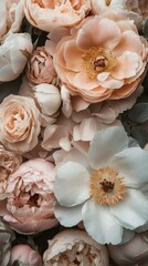 Poster - An exquisite arrangement showcases vibrant peonies and delicate blooms in soft pink and white shades, perfect for enhancing any space or occasion. Ideal for weddings, celebrations, Mocha Mousse