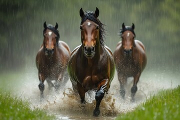 Wall Mural - powerful horses running in the rain through a meadow