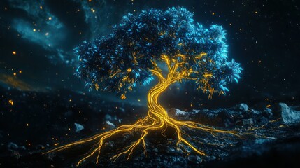 A futuristic tree with electric yellow roots and metallic blue leaves, all on a midnight background for a sci-fi style.