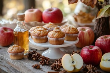 Wall Mural - Delicious apple muffins with apple cider and fresh apples on rustic wooden table