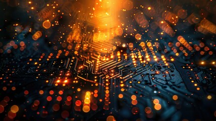 Poster - Abstract digital circuit background with glowing lights and particles.