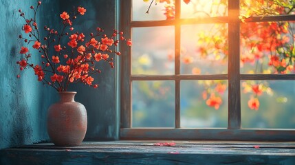 Wall Mural - vibrant cherry blossoms in a vase by a sunlit window