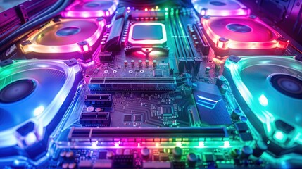 Poster - Close-up of a computer motherboard with RGB lighting and cooling fans.
