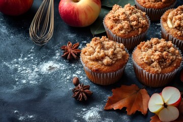 Wall Mural - Apple crumble muffins with autumn decoration baking on dark background