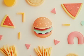 Poster - Bright silhouettes of various fast food items like burgers, fries, and pizza slices create a fun and vibrant composition on a neutral backdrop. Generative AI