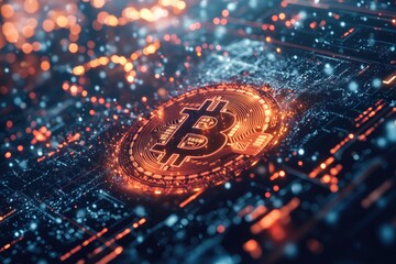 Fototapete - Glowing bitcoin on computer circuit board with data flowing, representing cryptocurrency and blockchain technology