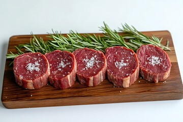 Wall Mural - Raw beef steaks with rosemary and salt on cutting board