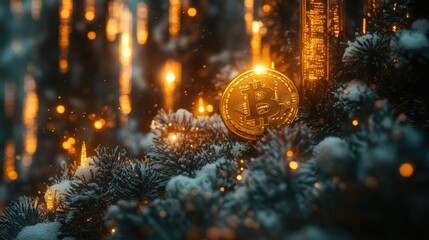 Poster - Bitcoin adds a modern touch to festive holiday decorations with snowy pine branches and glowing christmas lights