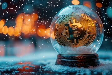 Poster - Golden bitcoin inside a snow globe during a snowy christmas night with warm bokeh lights in the background