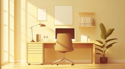 Poster - Sunlit minimalist home office with desk, chair, computer, and plant.