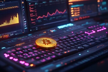 Fototapete - Bitcoin cryptocurrency resting on keyboard with trading charts running in background