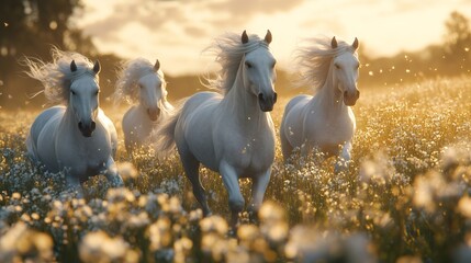 Wall Mural - white horses running in a flower field at sunset
