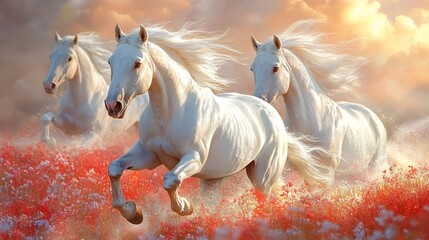 Wall Mural - white horses running through a field of red flowers at sunset