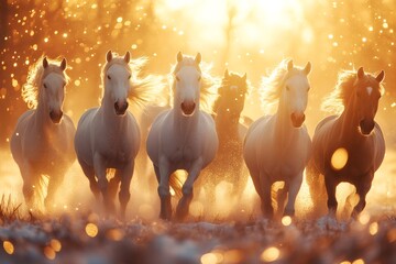 Wall Mural - herd of horses running in sunset light