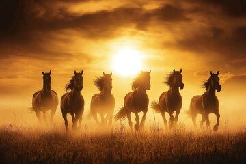 Wall Mural - horses running in a field at sunset: majestic animals galloping towards the light