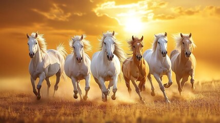 Wall Mural - seven horses running in a field at sunset