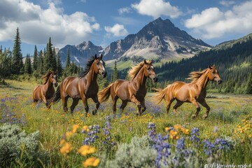 Wall Mural - horses running through wildflower meadow with mountain background