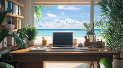 Poster - Tropical beach view from home office desk with laptop, plants, and stationery.