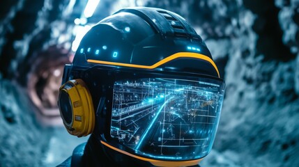 Aufkleber - A miner equipped with a high-tech helmet investigates a gemstone-rich tunnel, utilizing ai tools for data analysis and exploration.