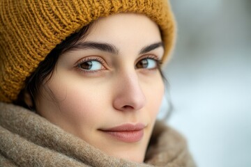 Wall Mural - Woman in woolen hat and scarf gazes thoughtfully at the camera while surrounded by a wintry landscape