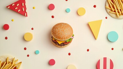 Poster - Colorful abstract shapes of burgers, pizza slices, and fries are artistically arranged on a light background, creating a playful food composition. Generative AI