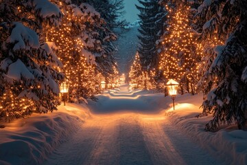 Poster - Christmas lights illuminating snowy path at night between spruce trees