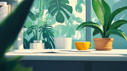 Poster - Sunlit windowsill with potted plants, a book, and a yellow teacup.
