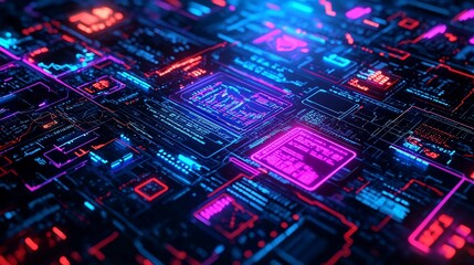 Poster - Cybernetic circuit board with glowing neon details in red, blue and pink.