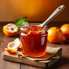Poster - A glass jar filled with amber tangerine jam stands on a wooden table.