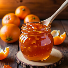 Poster - A glass jar filled with amber tangerine jam stands on a wooden table.