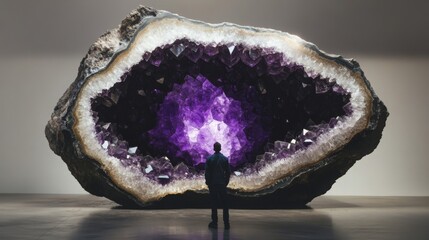 Aufkleber - A person stands in awe before a massive amethyst geode, showcasing its captivating purple crystals.