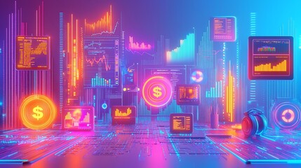 Poster - Neon financial data charts and coins glow on a grid floor.