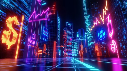 Poster - Neon cityscape with financial symbols.