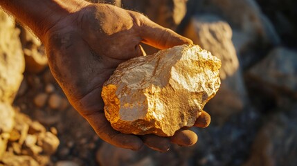 Poster - A person holds a large, rough gemstone in their hand, showcasing its shiny surface and unique texture.